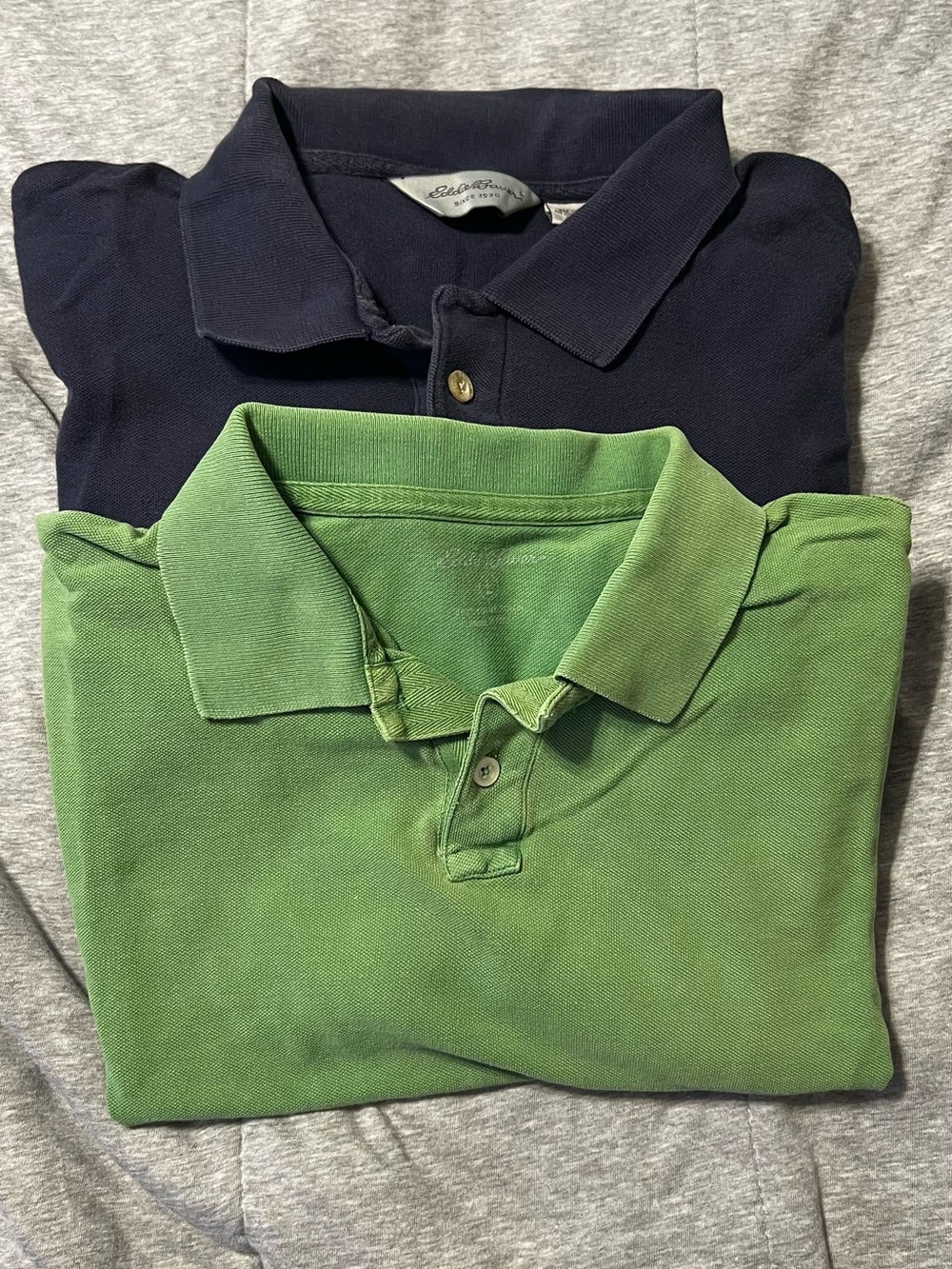Lot of 2- Eddie Bauer Navy & Green Polo Shirts - Short Sleeve - Men’s Large